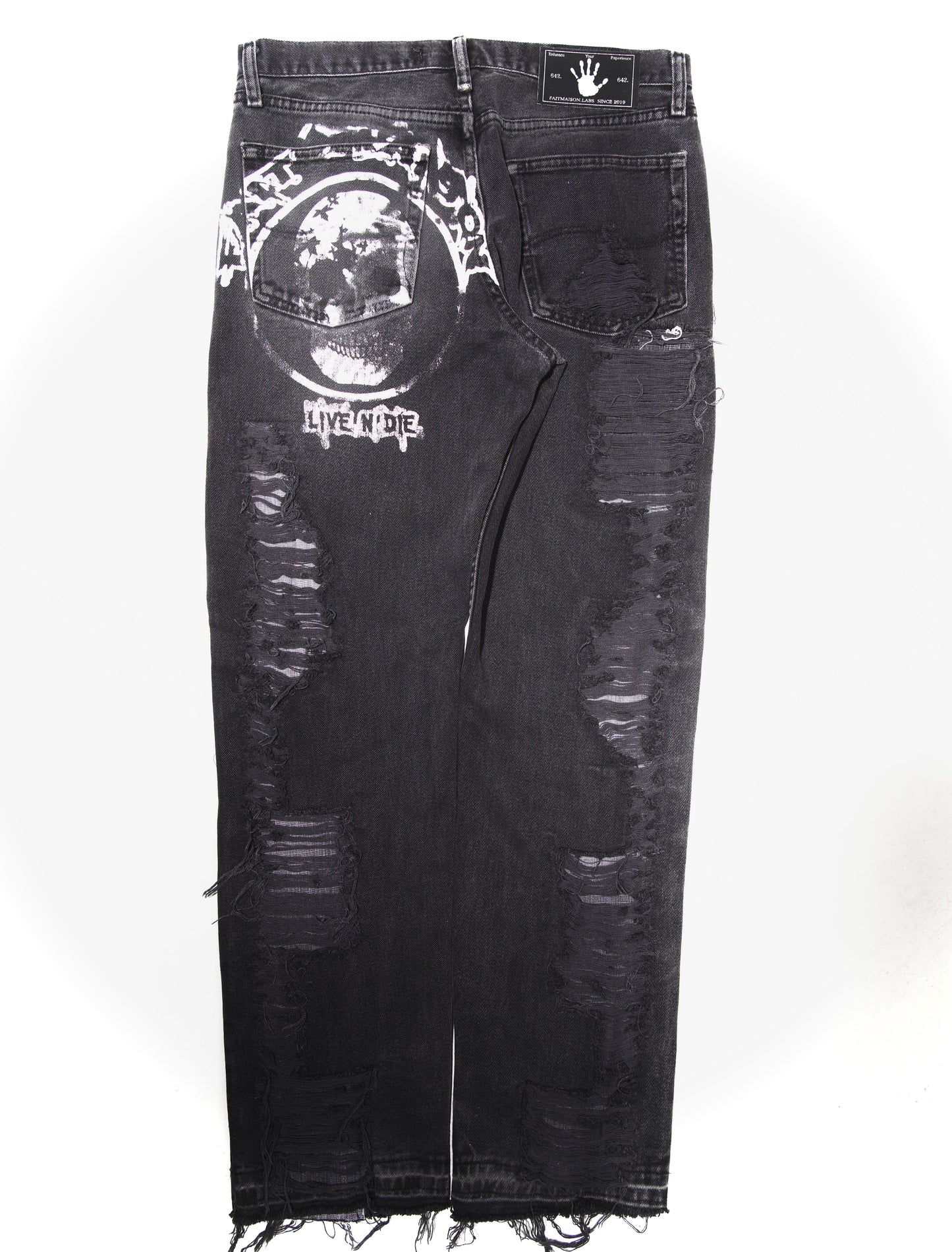 Full Distressed and repaired black denim/ Og Skull logo