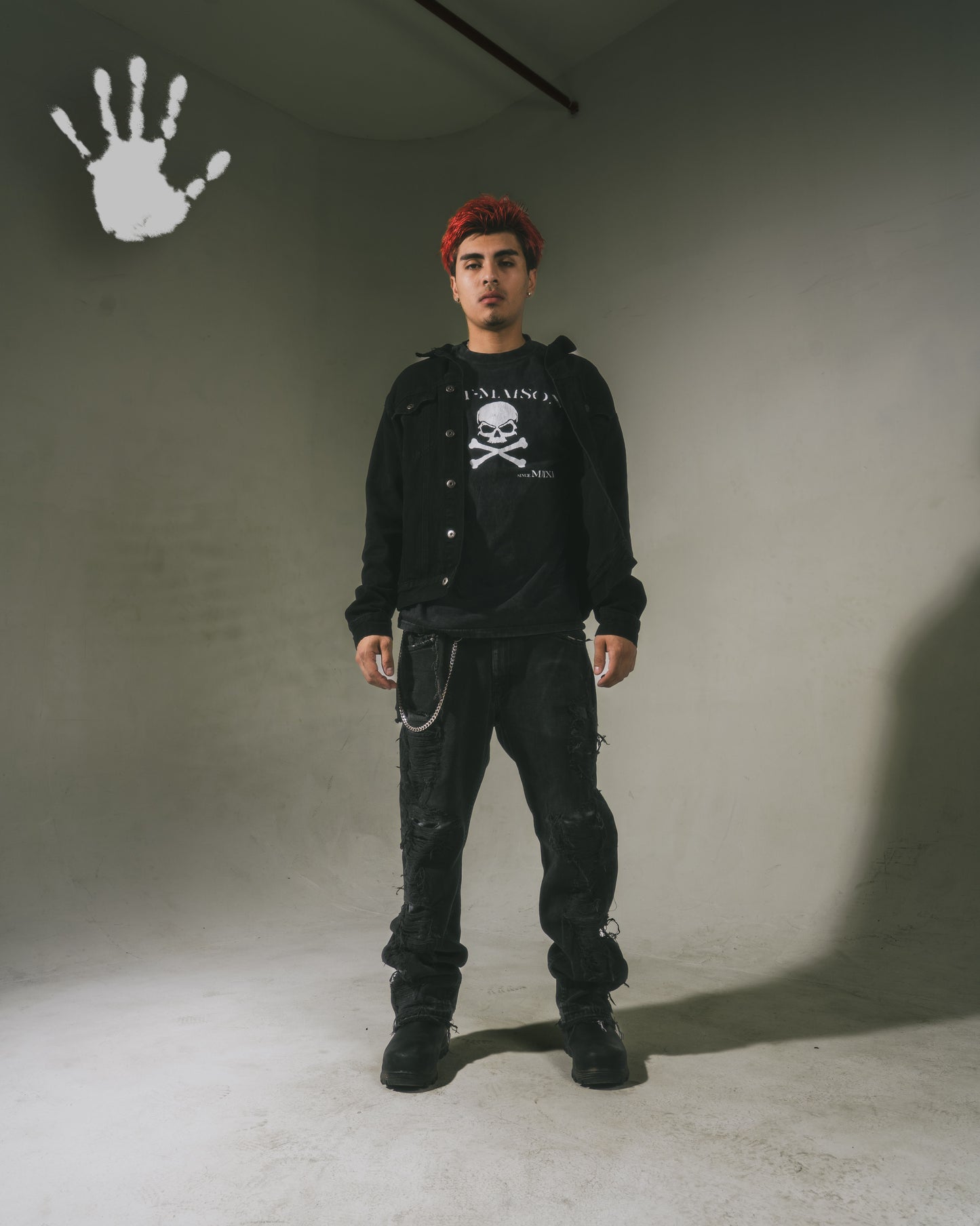 Full Distressed and repaired black denim/ Og Skull logo